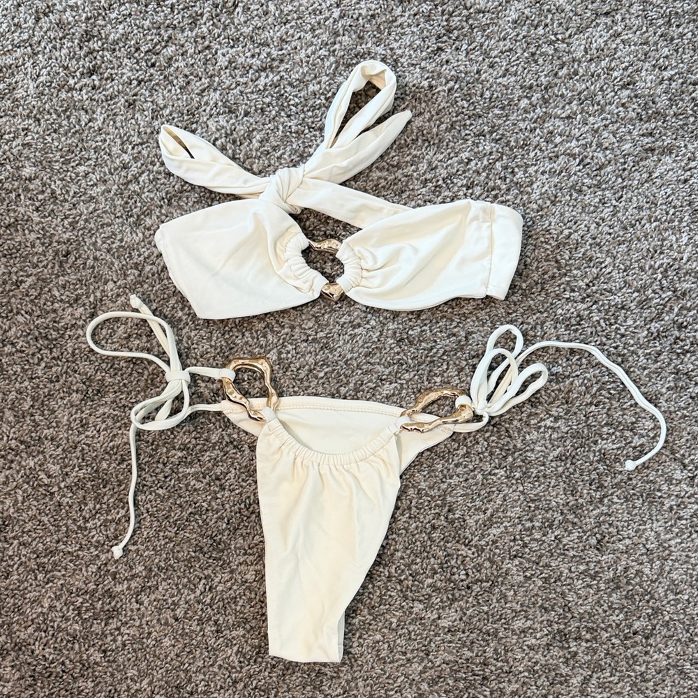 White Ring-Accent Tie Bikini Set - Women Swim
